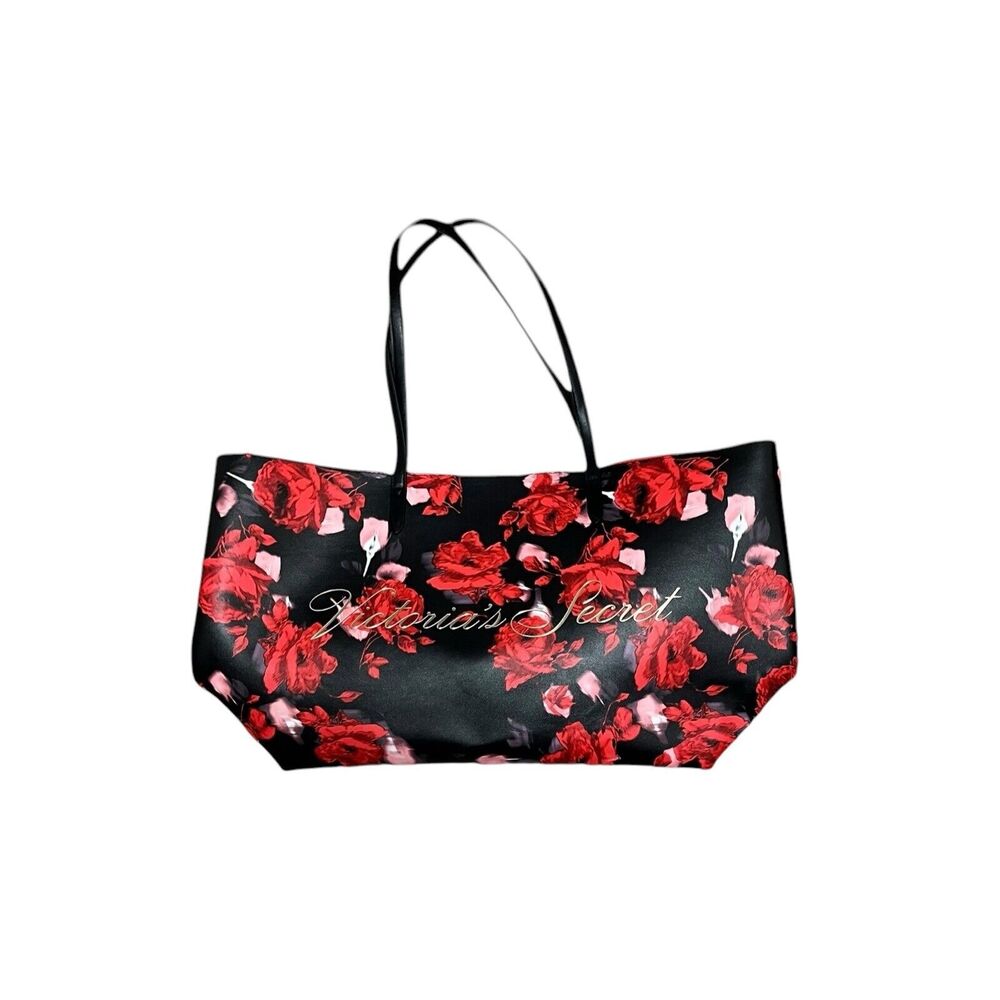 Victoria's Secret Black Red Roses Large Tote Bag
